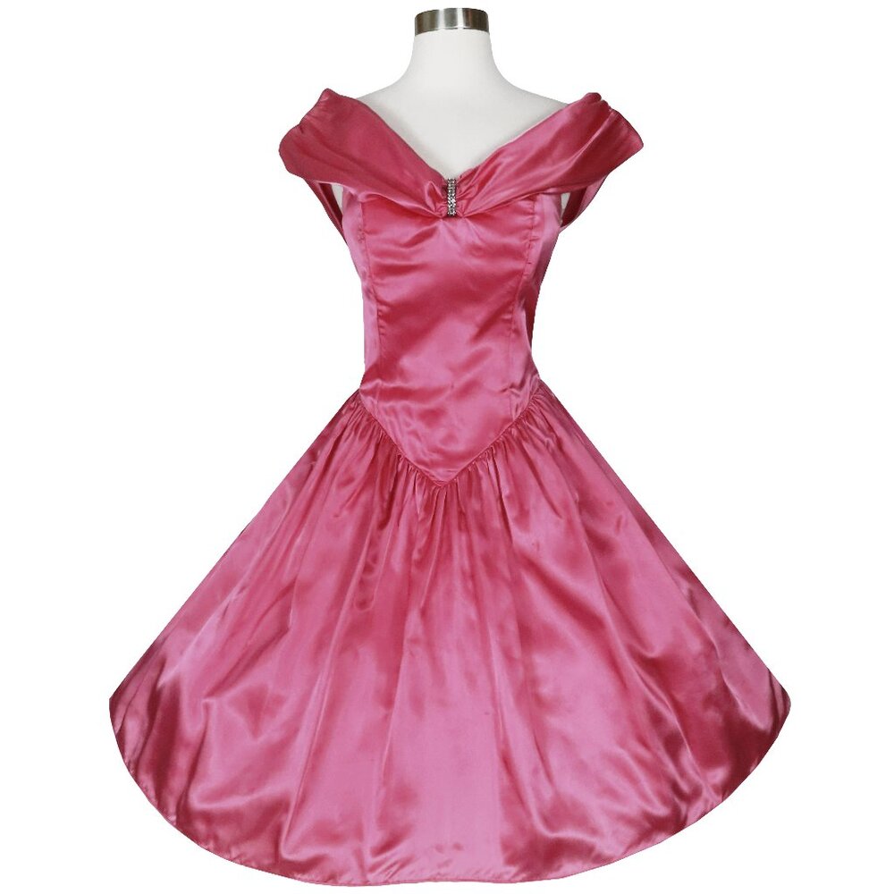 Vintage 80s 50s Pink Satin Zum Zum Full Skirt Prom Party Dress XS S Extra Small